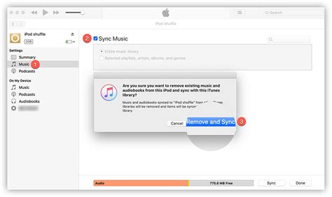 Выбор устройства iPod Shuffle в программе iTunes