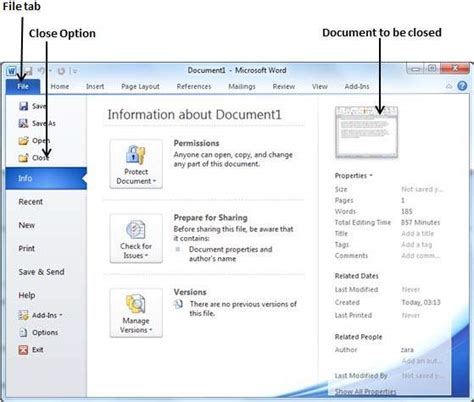 Закрытие документа в Word 2010