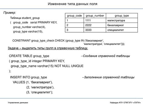 Изменение структуры таблицы