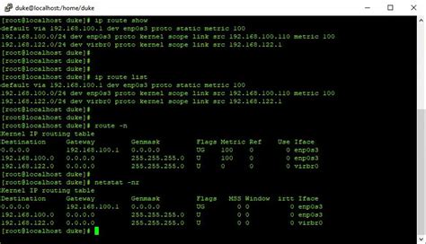 Использование команды "ip route show"