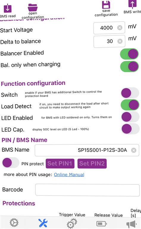 Настройка параметров Smart BMS