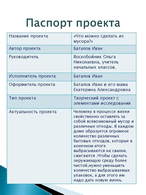 Необходимость составления паспорта проекта