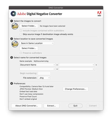 Основные функции Adobe DNG Converter x64 15.3