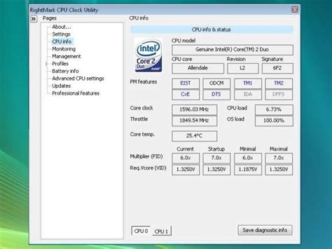 Основные функции RightMark CPU Clock Utility