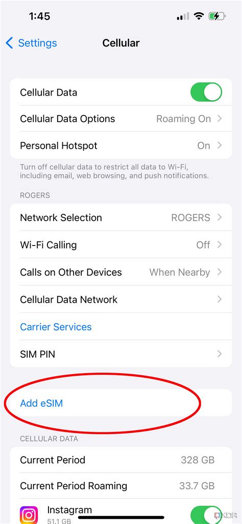 Открытие настроек сотовой связи на iPhone