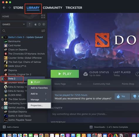 Открытие Steam и выбор Dota 2