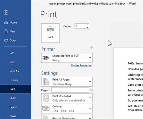 Печать документов в черно-белом режиме на принтере Epson