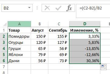 Примеры расчета процента прироста суммы