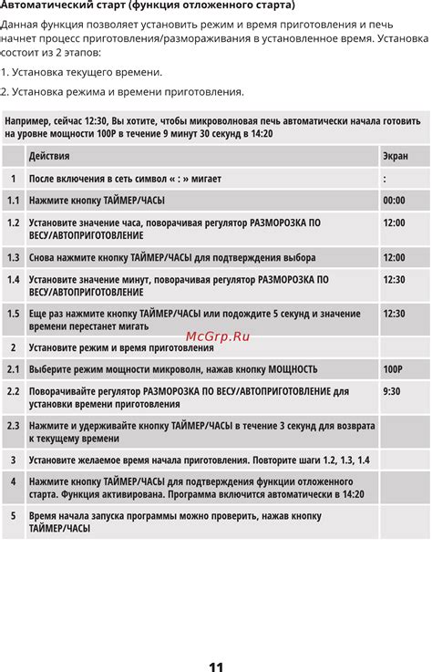 Установка режима и времени приготовления