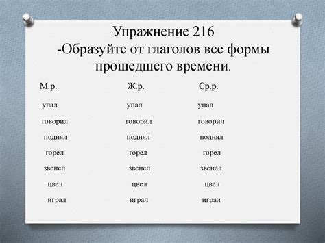 Формы глаголов в прошедшем времени для разных лиц