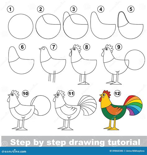 Шаги по рисованию петуха карандашом для детей